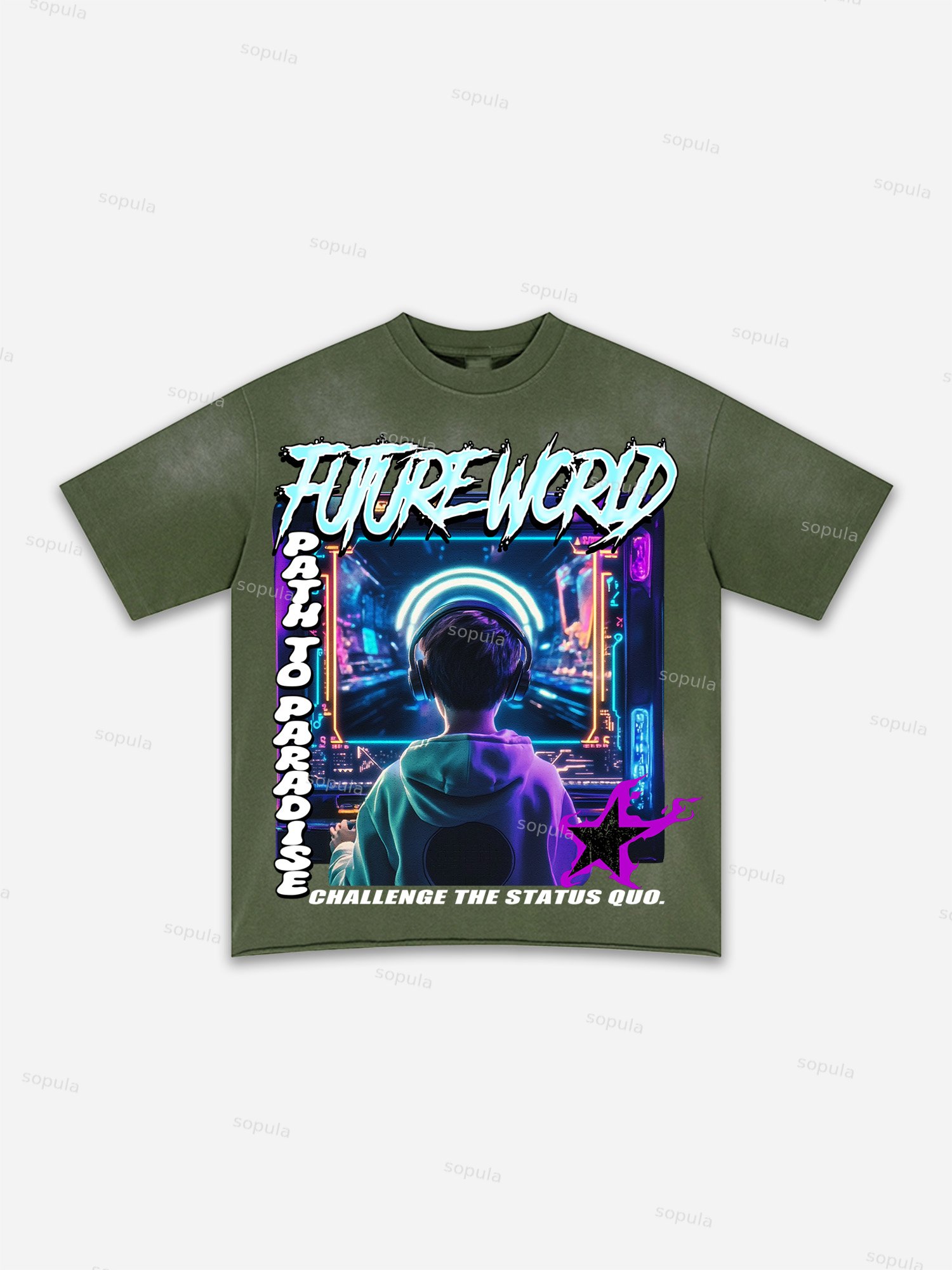 Future World Brainstorming Graphic Print Washed T-shirt