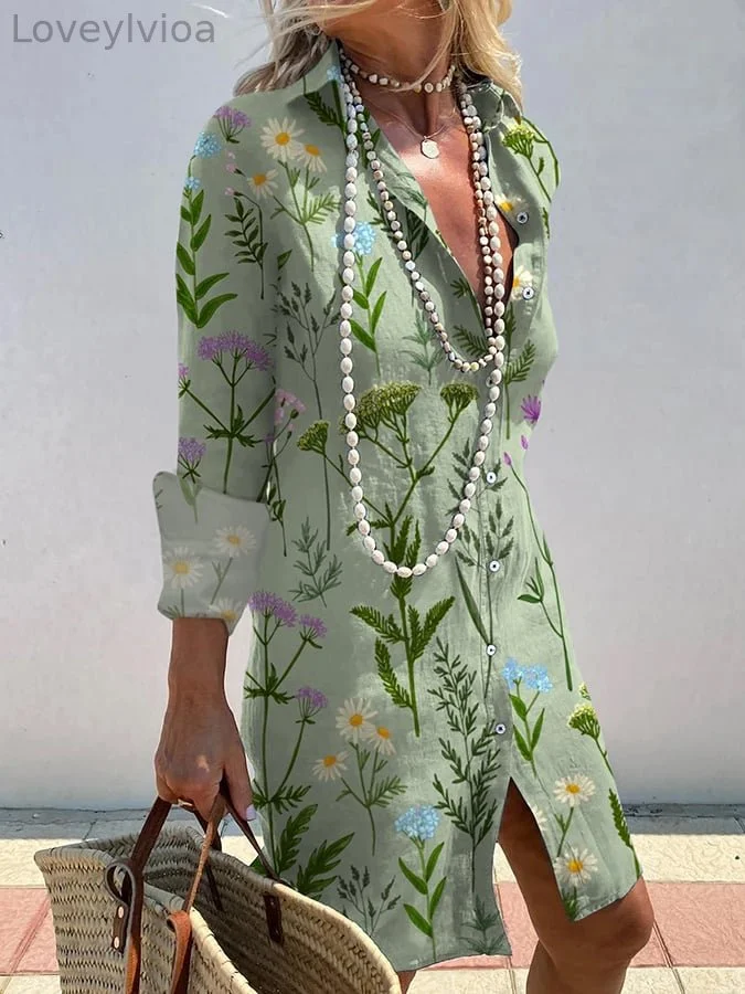 Women's Elegant Floral Print Shirt Dress