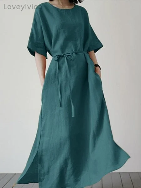Women's Round Neck Solid Color Short Sleeve Casual Belt Cotton And Linen Dress
