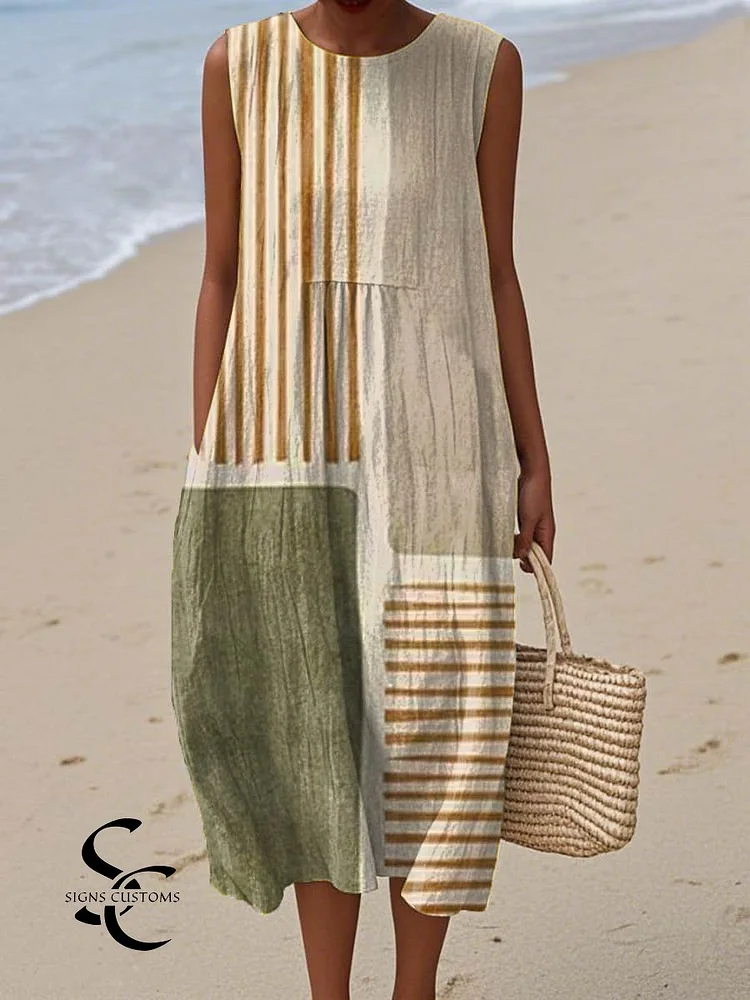 Women's Abstract Geometric Pattern Art Print Sleeveless Cotton Pocket Wrap Dress