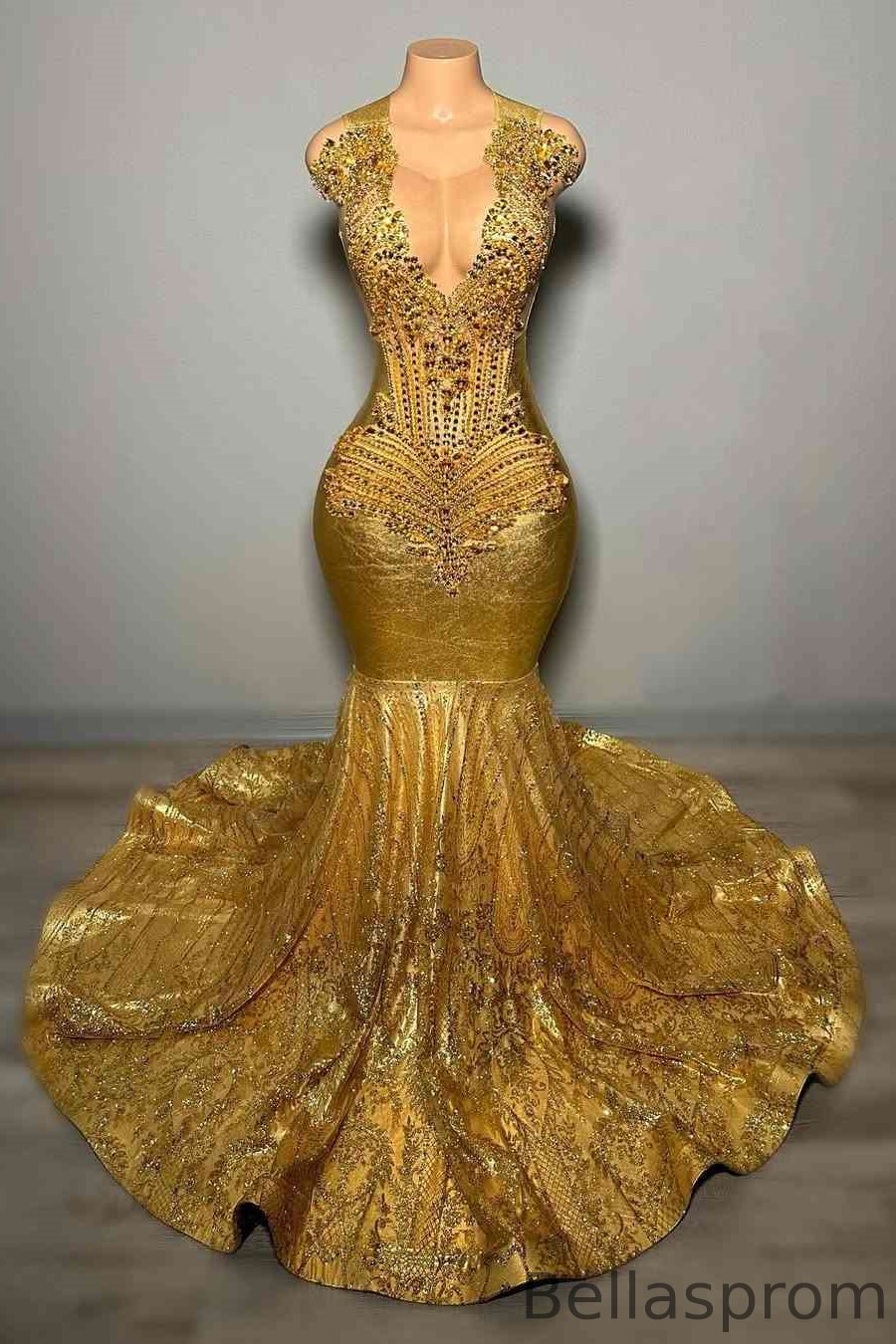 Bellasprom Gold Sleeveless Sequins Mermaid Prom Dress Long With Beadings Bellasprom
