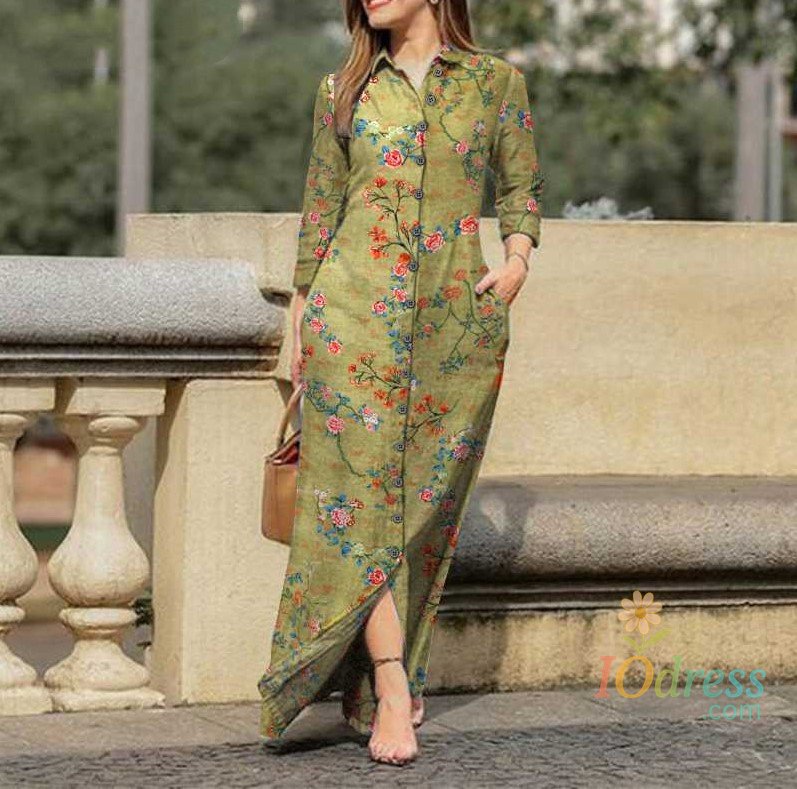 IO Dress 2024 Summer New Fashion Long Women's Dress Single Breasted Long Sleeved Elegant Print Loose Vacation Banquet Dress IO Dress