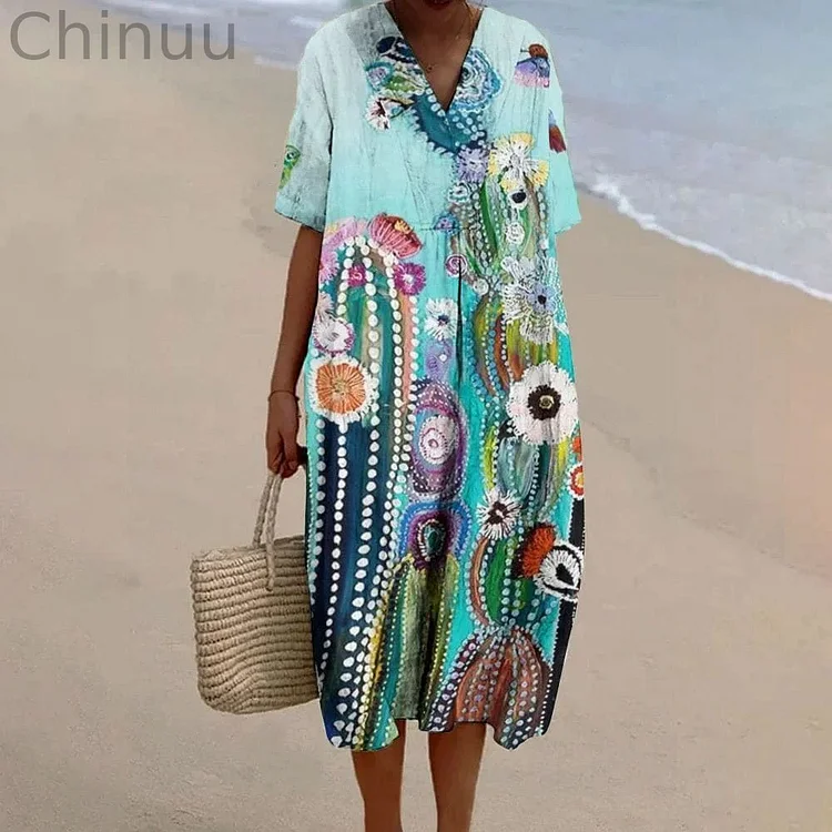 Women's Colorful Bright Plant Cactus Small Flowers Print Linen Dress