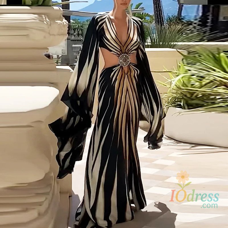 IO Dress Boho Style Striped Print Split Maxi Dress Woman Sexy V Neck Hollow Party Long Dresses Summer Flare Sleeve Backless Holiday Dress IO Dress