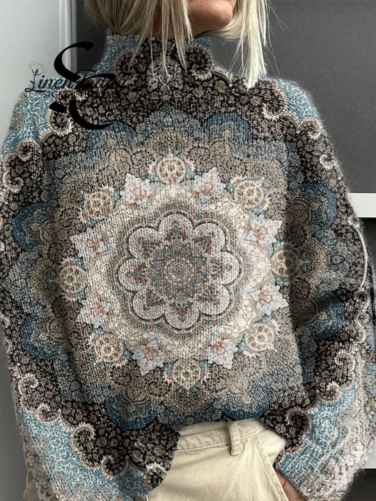 Ethnic Style Gradient Pattern Print Knit Turtleneck Pullover Sweater