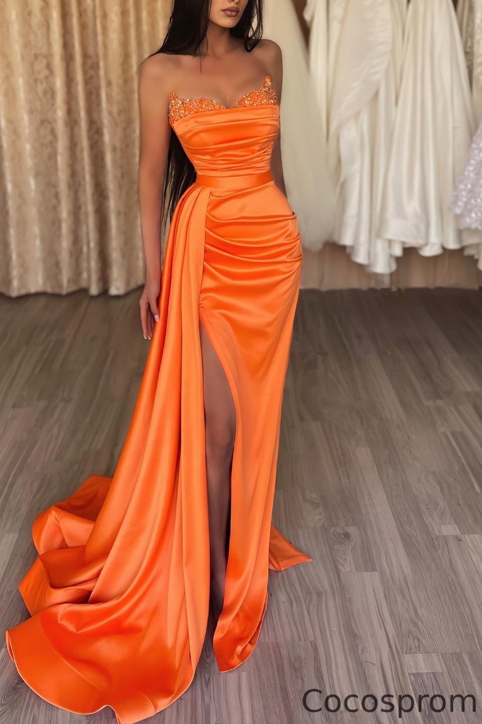 Cocosprom Orange Sweetheart Mermaid Prom Dress Split Long With Sequins Ruffles cocosprom
