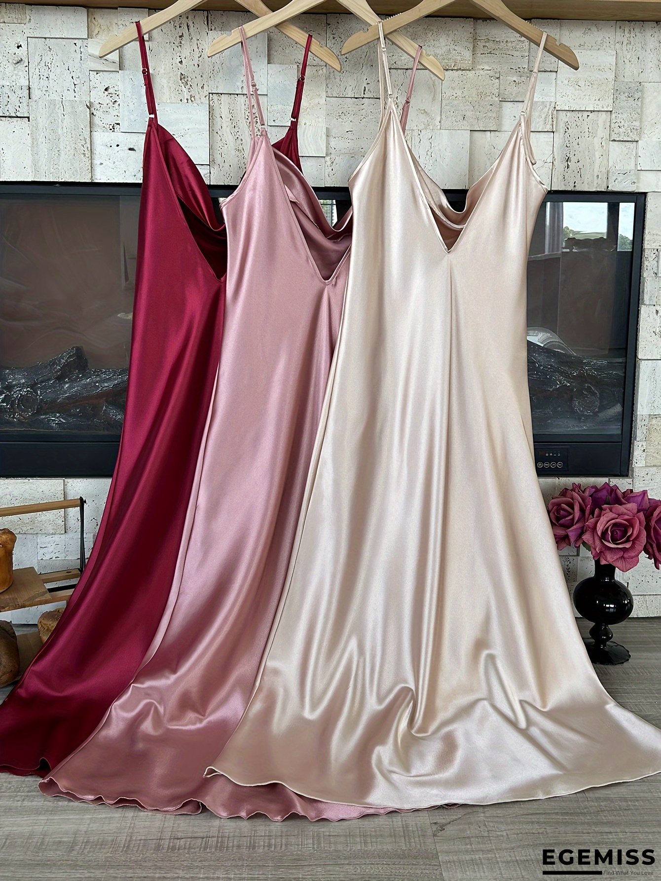 3pcs Women's Satin Pajamas - Sexy High Neck & Backless Design With Pleated Detailing, Burgundy/Pink/Beige, Soft Machine-Washable Polyester, All-Season Comfort | EGEMISS