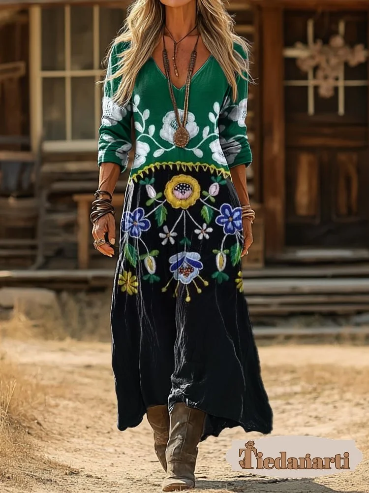 Women's Retro Ethnic Style Patchwork Art Print Pocket Cotton V-Neck Long Sleeve Dress