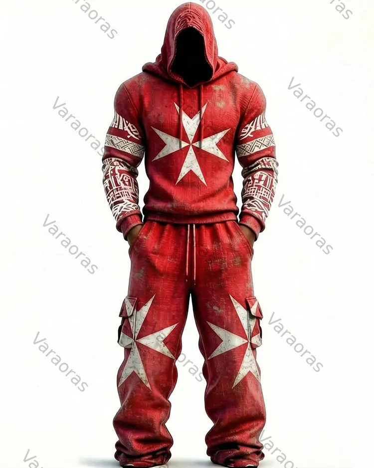 Men's Color-Blocked Cultural Cross Embroidered Distressed Hoodie and Pants Two-Piece Set 9672