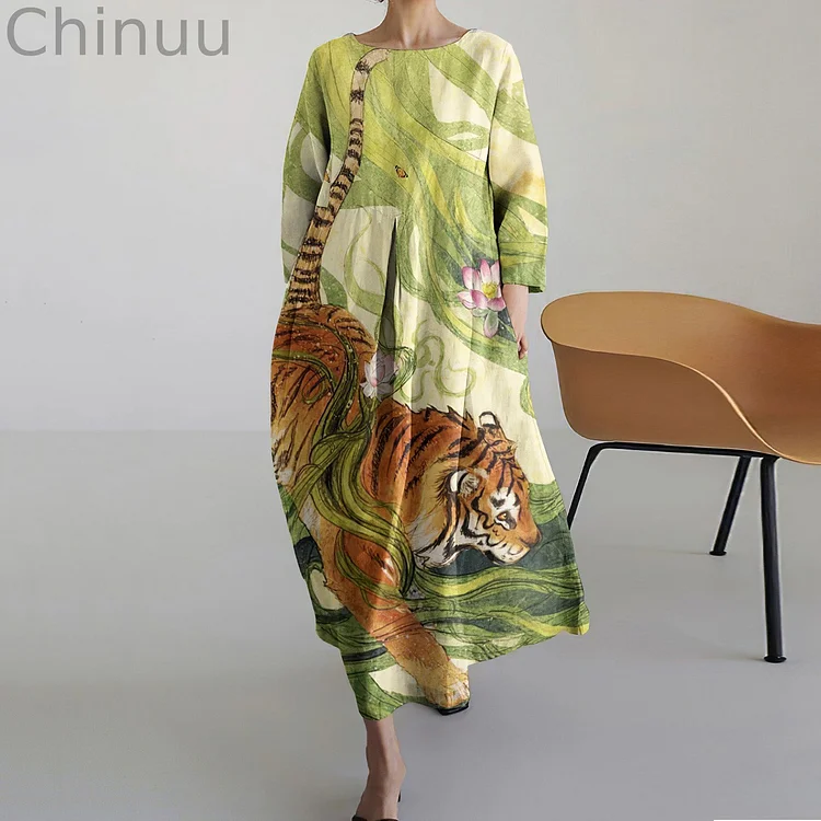 Tiger Plant Floral Art Pattern Women'S Dress