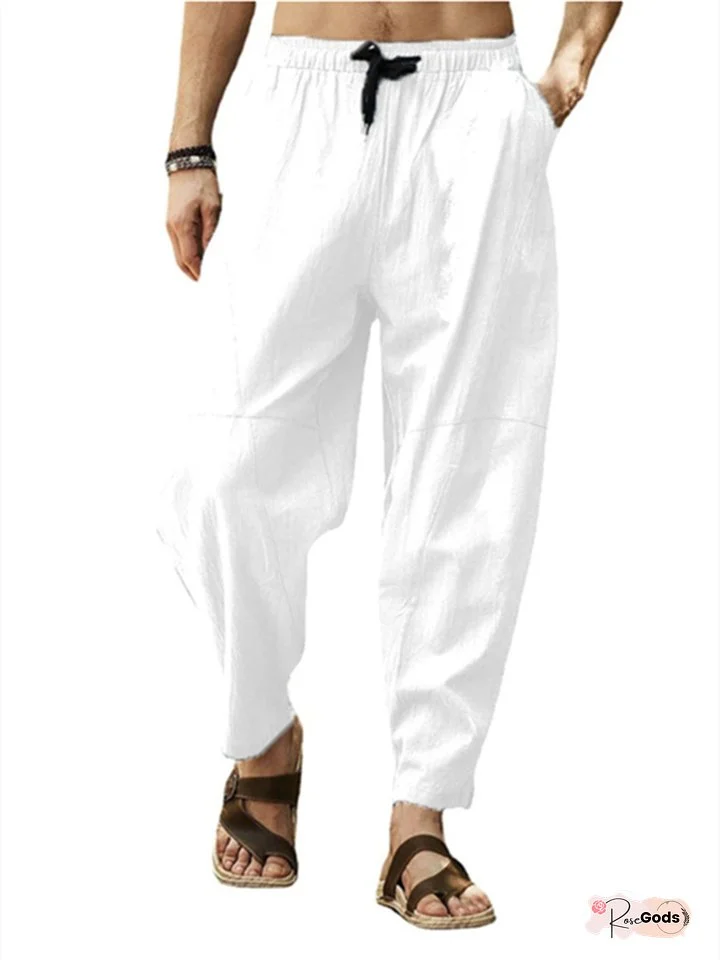 Men's Linen Pants Drawstring Lightweight Pants / Trousers Linen Pants White Black Green Summer Winter Sports Activewear Micro-elastic Loose Fit / Casual / Athleisure