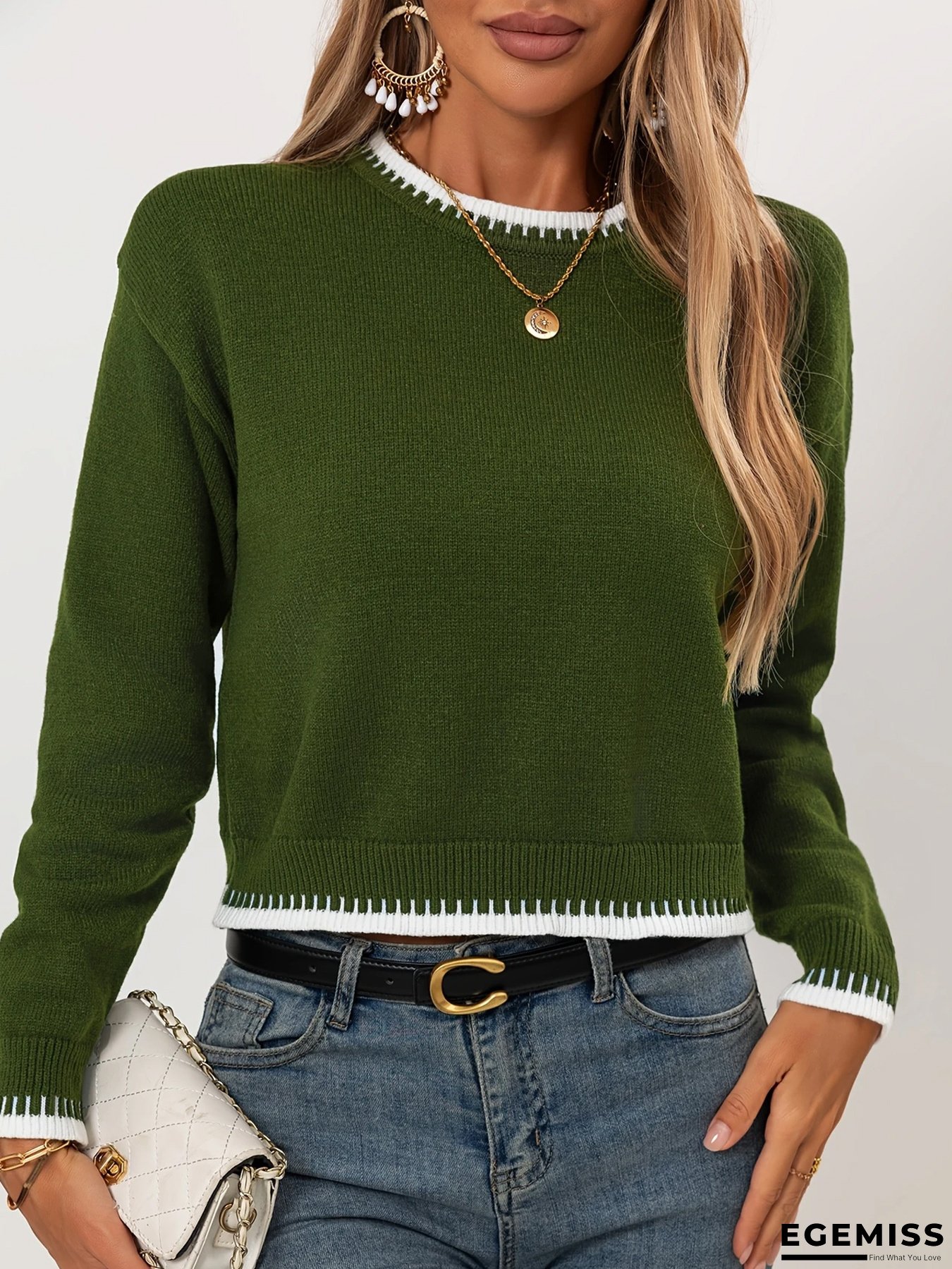 Women&lsquo;s Cozy Green & White Sweater - Stretchy Crew Neck, Long Sleeve Pullover with Ribbed Trim, Casual Style for All Seasons, Casual Wear|Ribbed Trim Sweater|Stretchy Fabric | EGEMISS