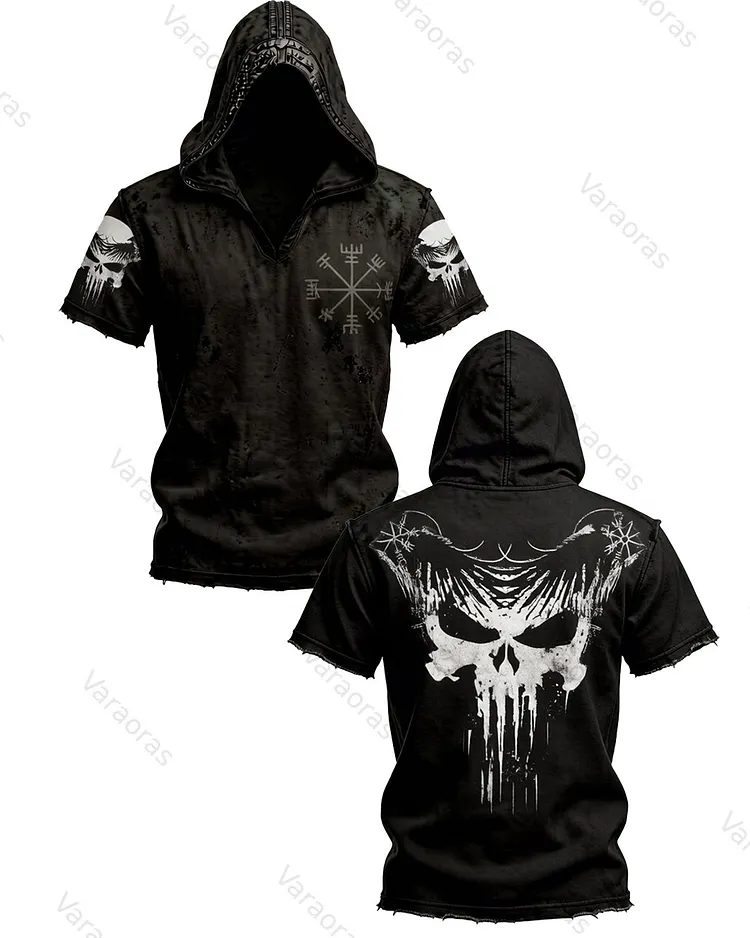 Men's Summer Viking Print Fashion Cotton Linen Hooded Short-Sleeve Sweatshirt  9280