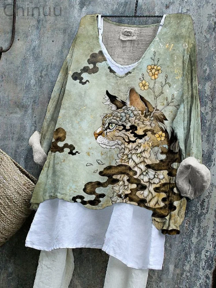 Japanese Art Mysterious Ink Cat Flowy Tunic