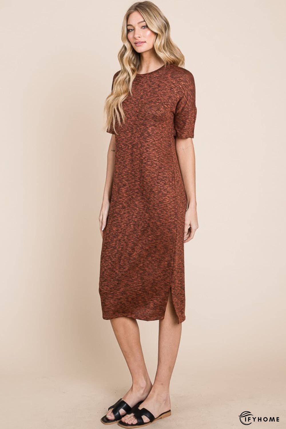 BOMBOM Round Neck Side Slit Midi Dress | IFYHOME