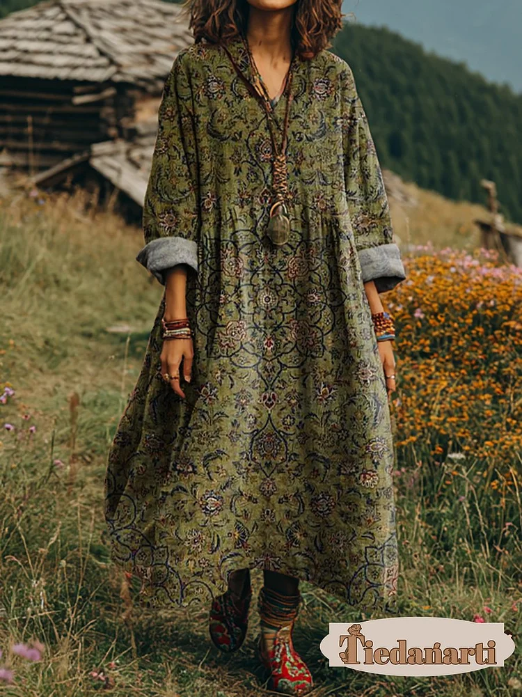 Women's Ethnic Totem Art Print Long Sleeve V-Neck Cotton Pocket Dress