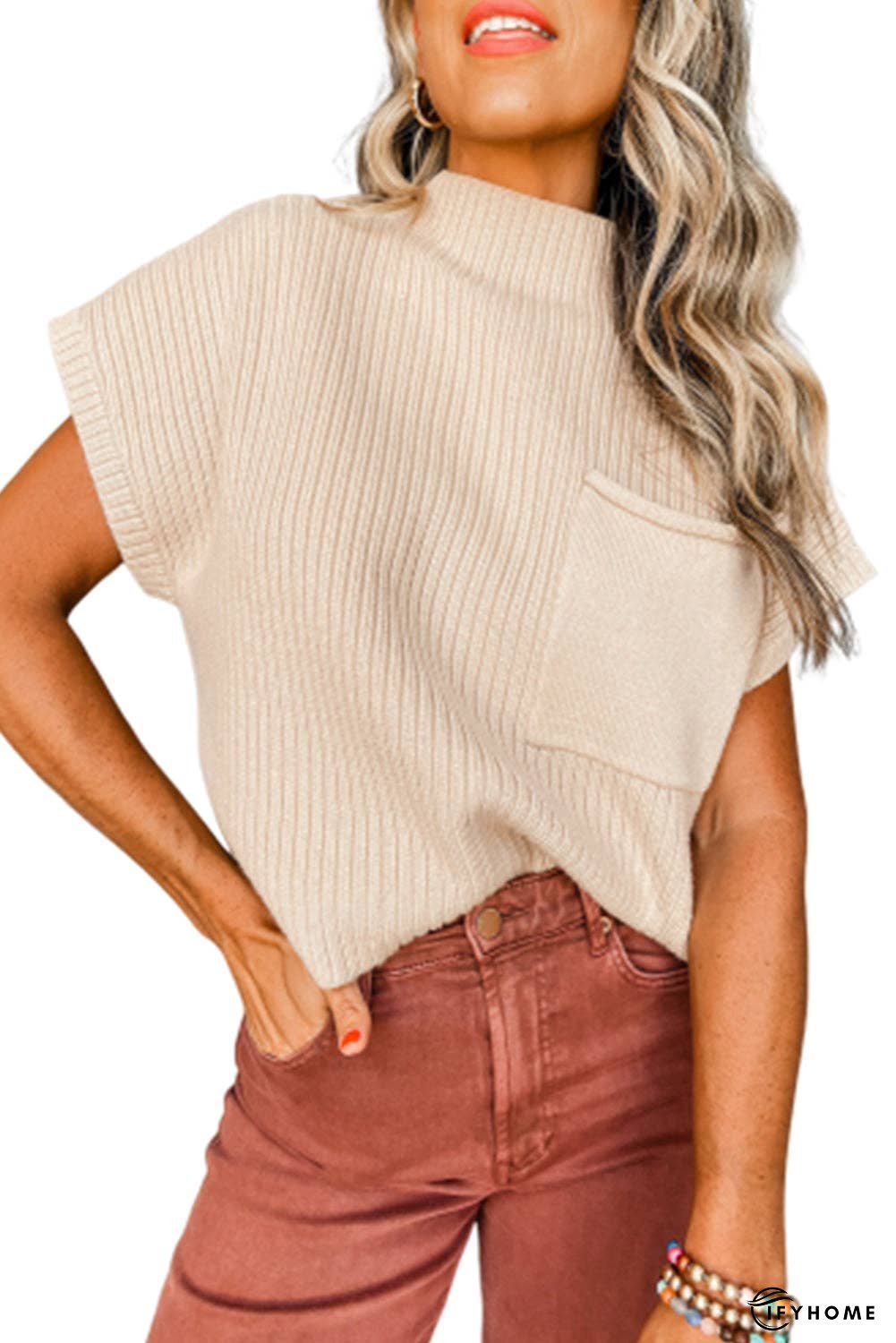 Oatmeal Patch Pocket Ribbed Knit Short Sleeve Sweater | IFYHOME