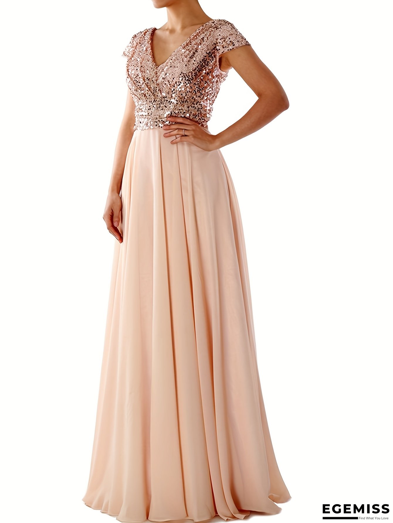 Women&lsquo;s Elegant Off-Shoulder V-Neck Mermaid Ball Gown with Ruffled Hem - Long Formal Dress in Soft Pink, Floor-Length Prom Night & Special Occasion Dress, Luxurious Evening Gown for Weddings, Galas & Premieres | EGEMISS