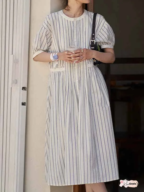 Loose Casual Striped Bubble Sleeve Midi Dress