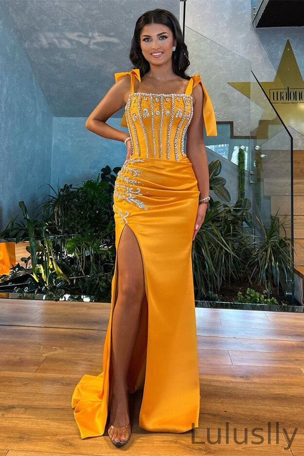 Luluslly Straps Square Mermaid Evening Dress Slit With Beadings Sleeveless