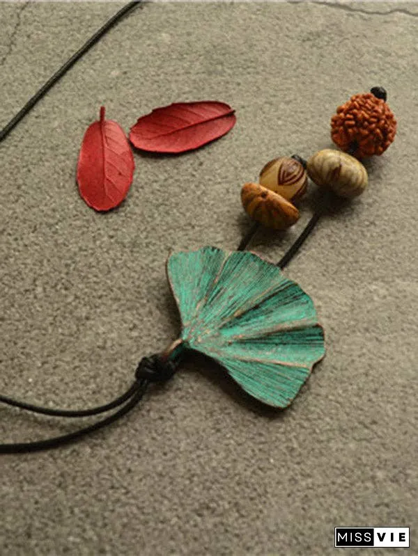 Vintage Wooden Beaded Leaf Shape Necklaces Accessories