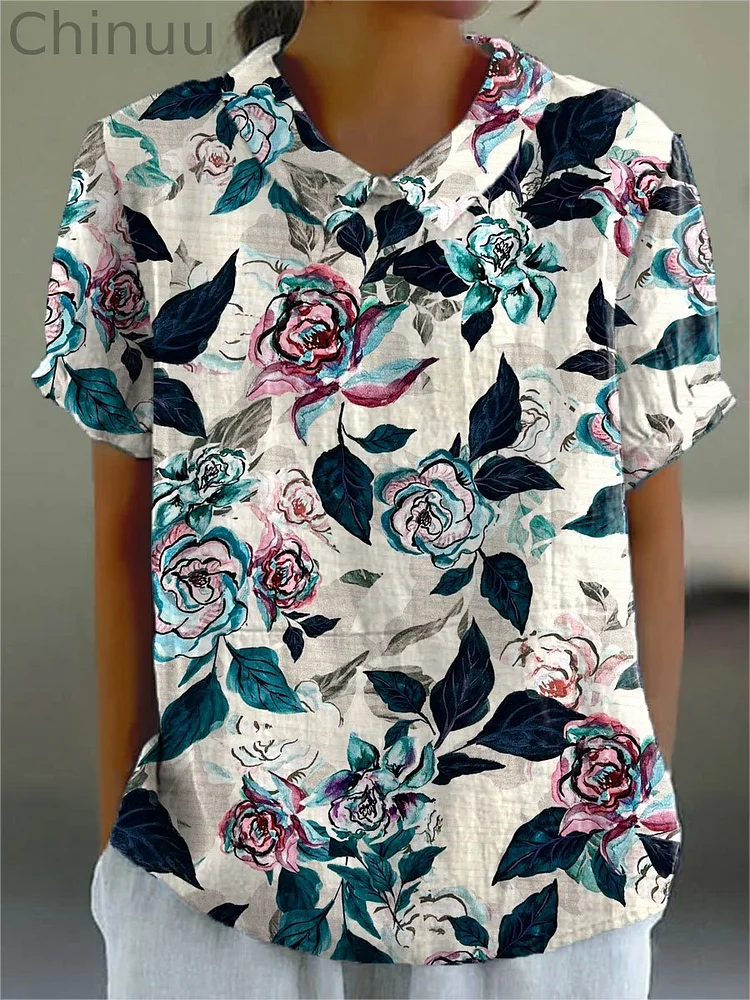 Women's Dark Rose Flower Print Casual Cotton And Linen Shirt