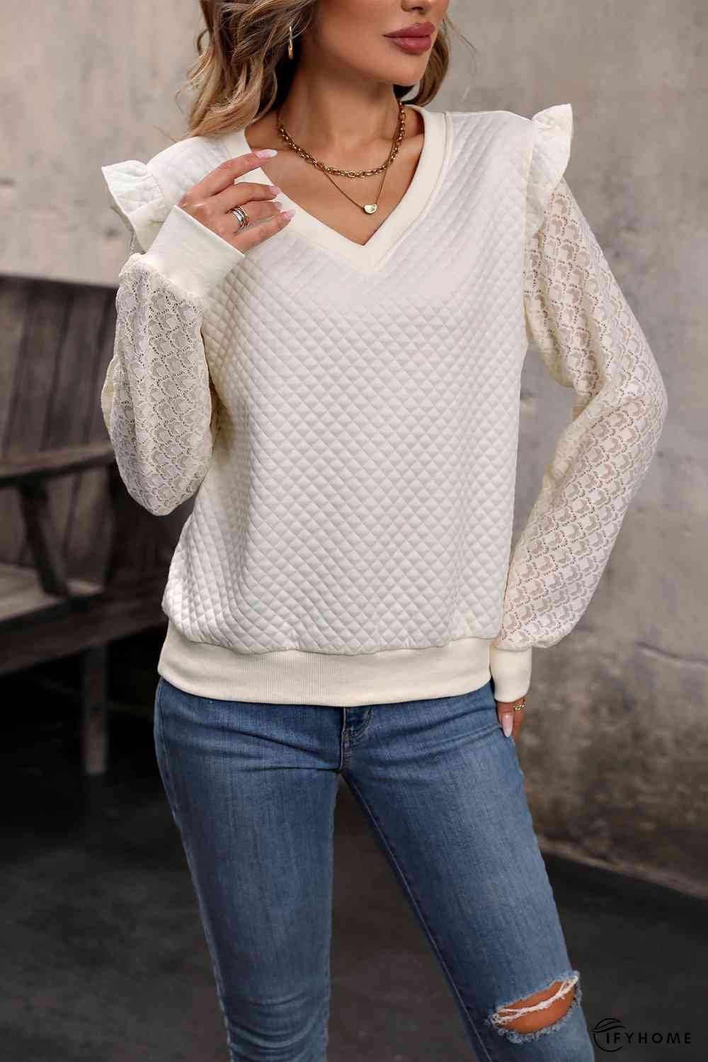 V-Neck Ruffle Trim Long Sleeve Sweatshirt | IFYHOME