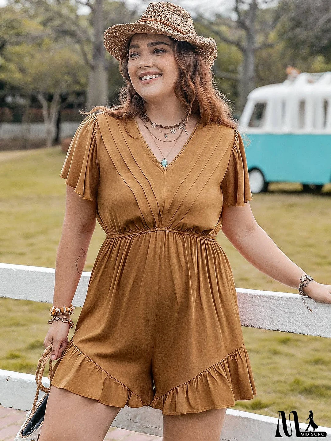 Plus Size Ruffled V-Neck Short Sleeve Romper