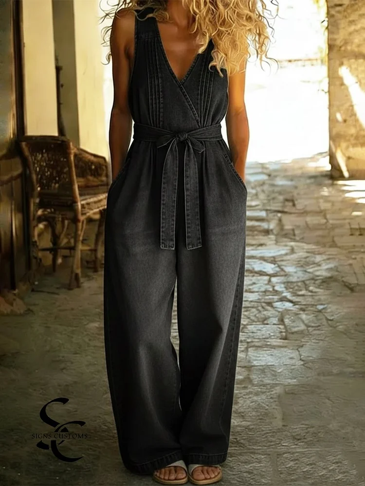 Casual Pleated Loose Denim Overalls Jumpsuit