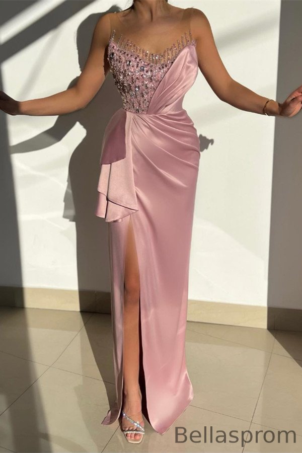 Bellasprom Pink Sleeveless Scoop Mermaid Prom Dress Beads With Split Bellasprom
