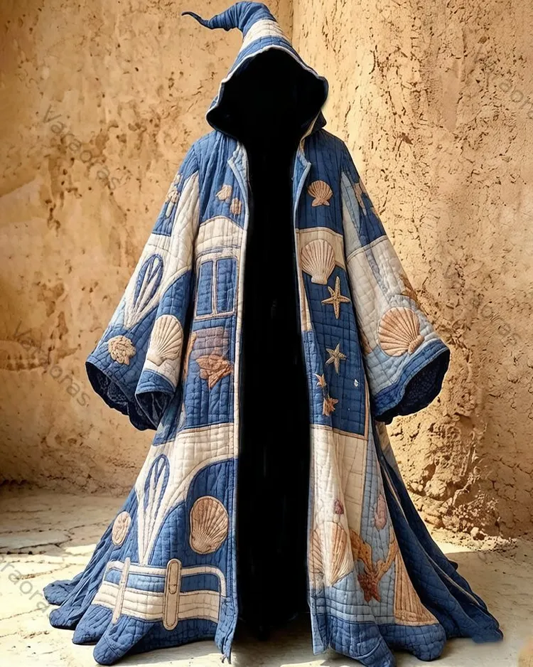 Men's Summer Fashion Boho-Style Embroidered Linen Hooded Cape 8393