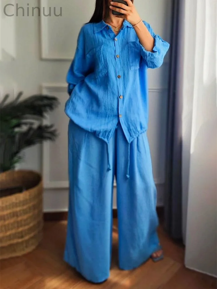 Women's Loose Casual Shirt And Trousers Cotton And Linen Two-Piece Suit