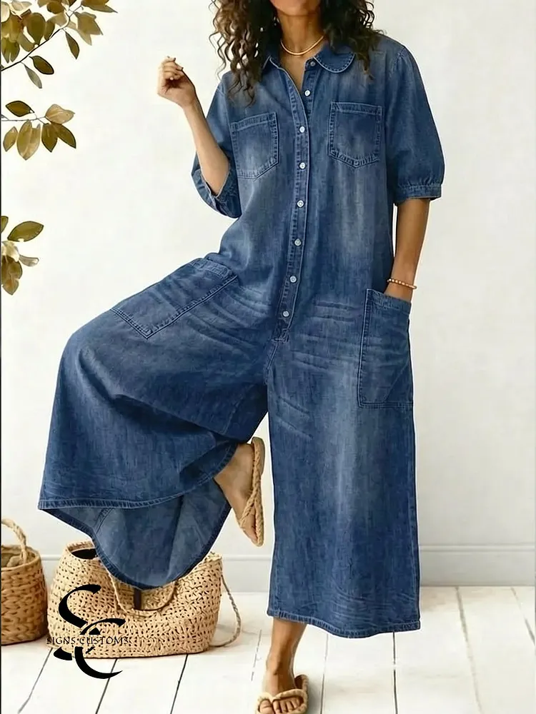 Women's Casual Peter Pan Collar Cotton Denim Wide-leg Jumpsuit