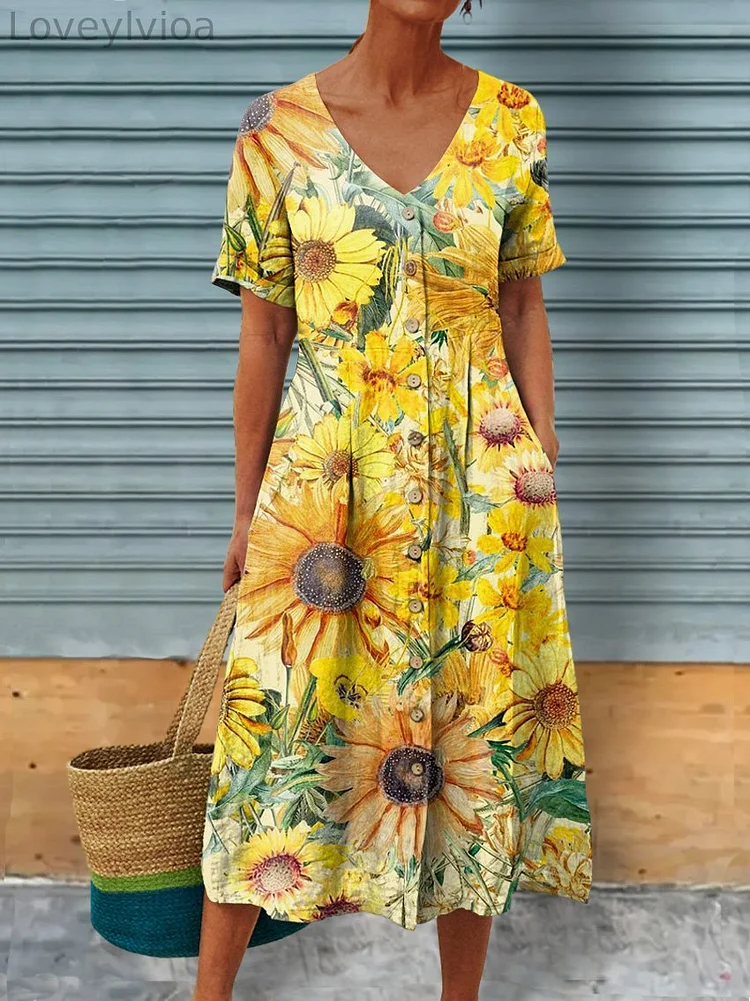 Watercolor Sunflower Field Art Printed Women's Linen Pocket Tunic Dress