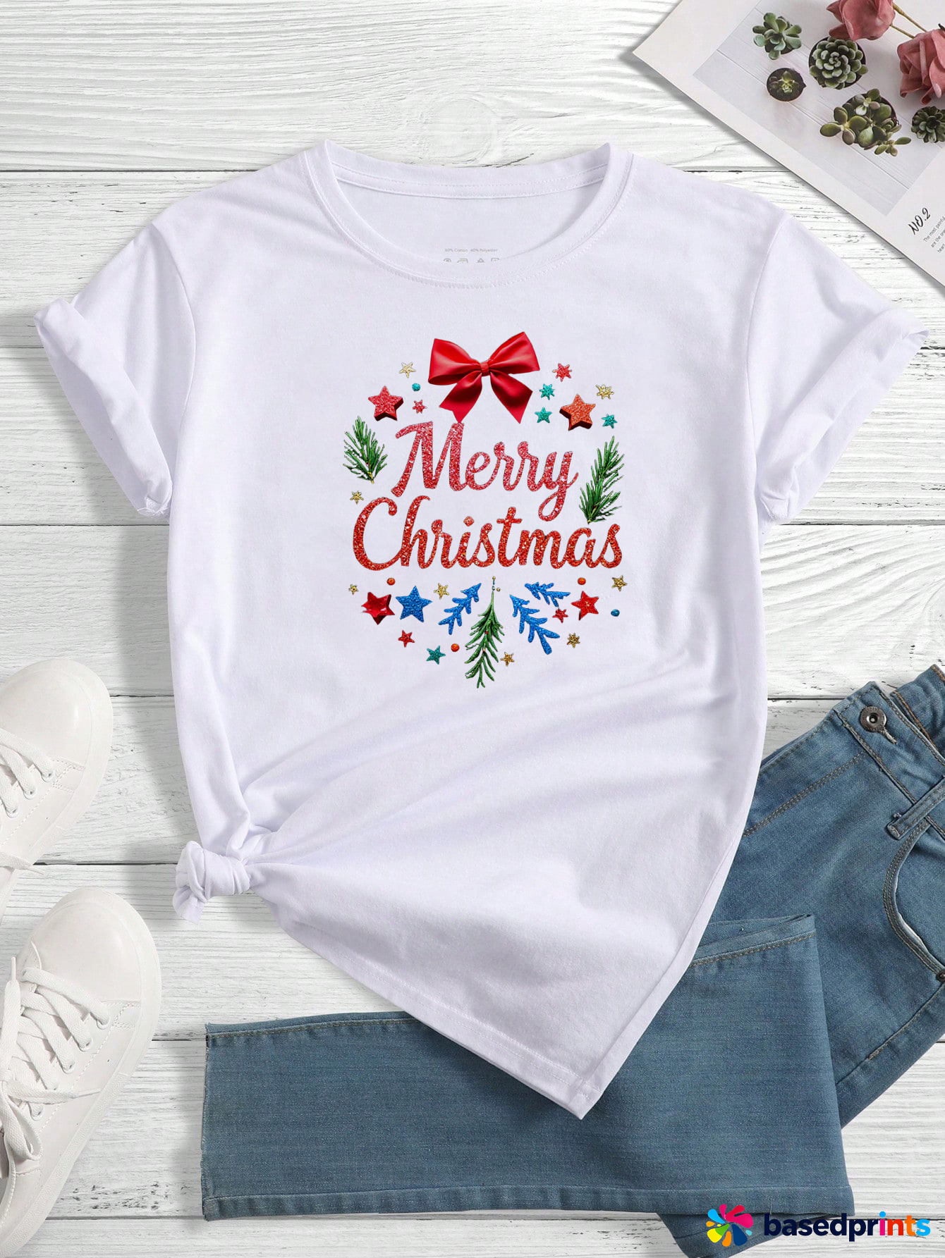 White Merry Christmas T-Shirt Women Short Sleeve Casual Cotton Tee