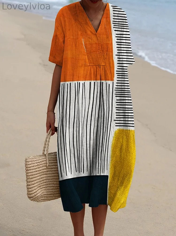 Multicolor Block and Line Decorative Pattern Flowy Dress