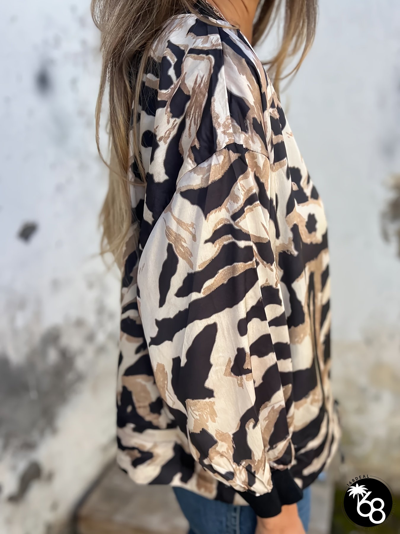 Womens Zebra Print Pilot Jacket Full-Zip Closure Coat with Threaded Collar Hem Beige Brown | 168DEAL
