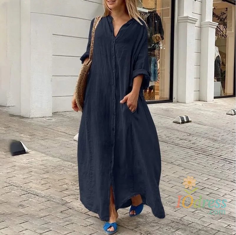 IO Dress 2025 Spring Cotton Linen Oversize Women Dress Long White Button Loose Dresses Female New Casual Trendy Elegant Ladies Clothes