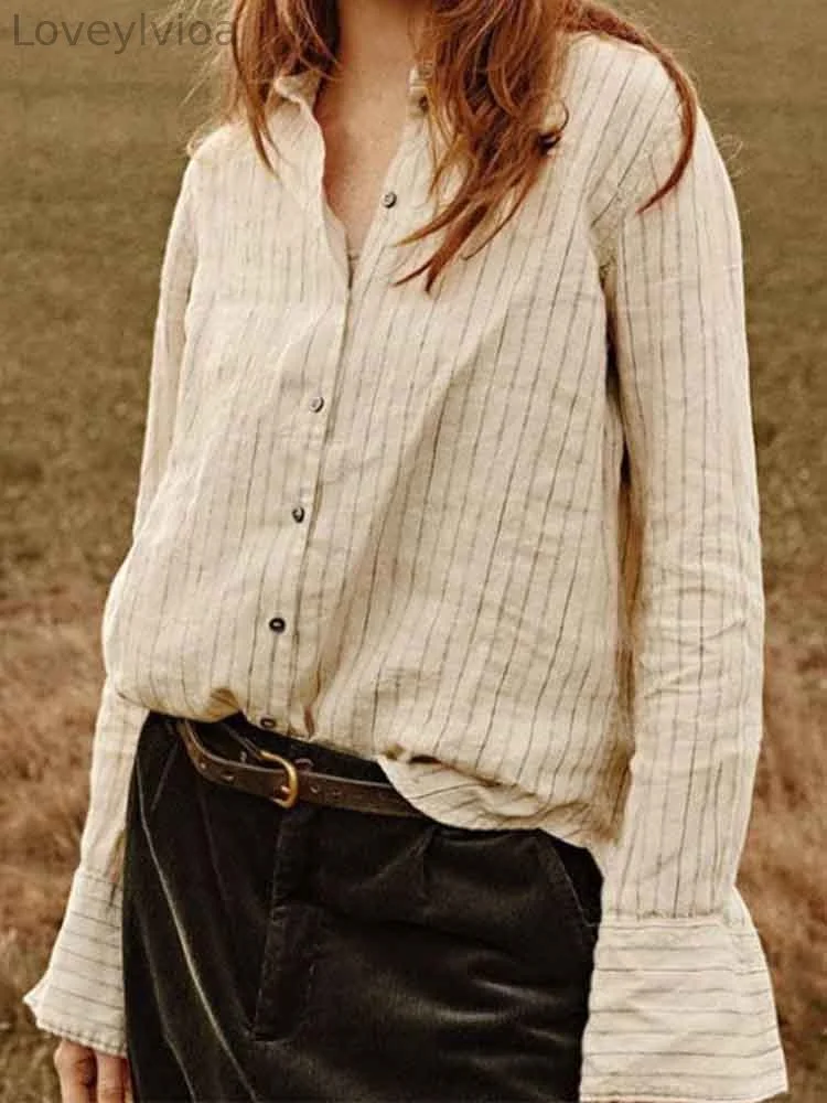 Women's Fashion Simple Striped Linen Blend Shirt