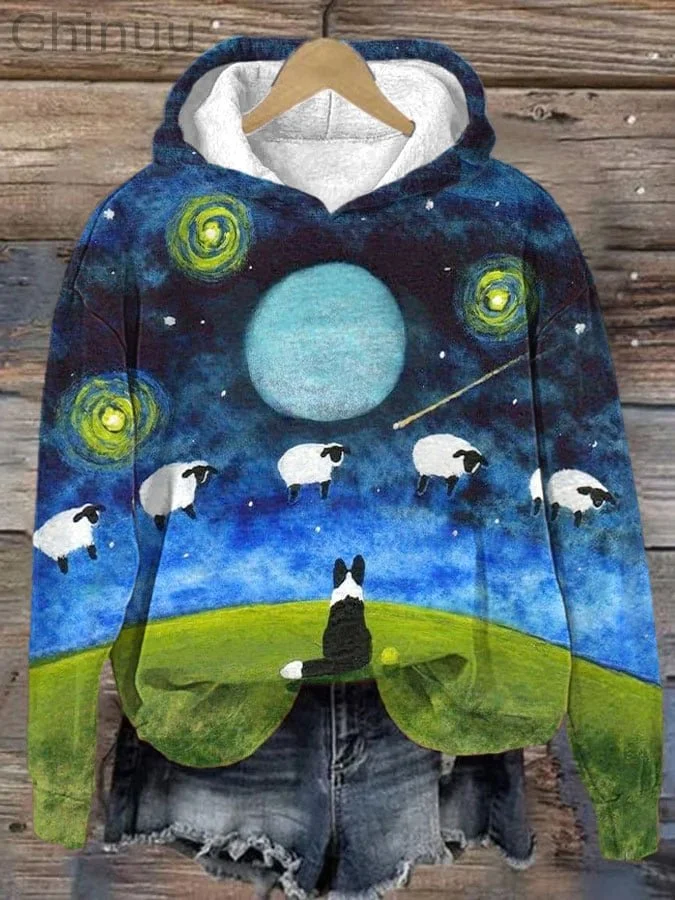 Women's Collie and Sheep Print Casual Long Sleeve Hooded Sweatshirt