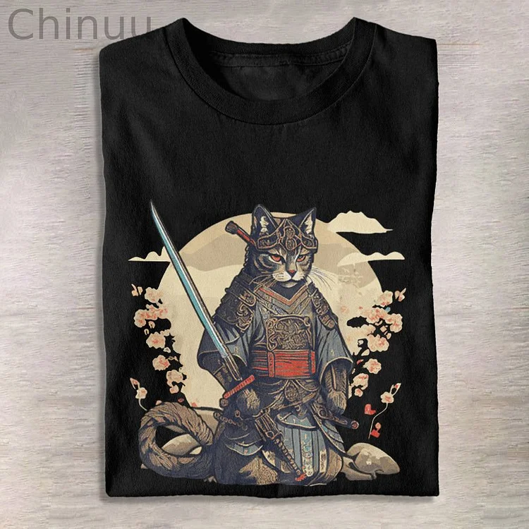 Funny Japanese Samurai Ninja Cat Print T-shirt