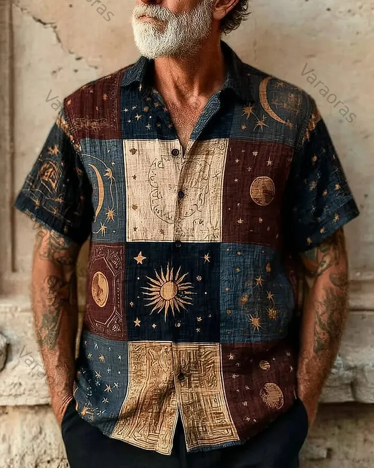 Men's Summer Star and Moon Print Embroidered Casual Linen Short-Sleeve Shirt 8644