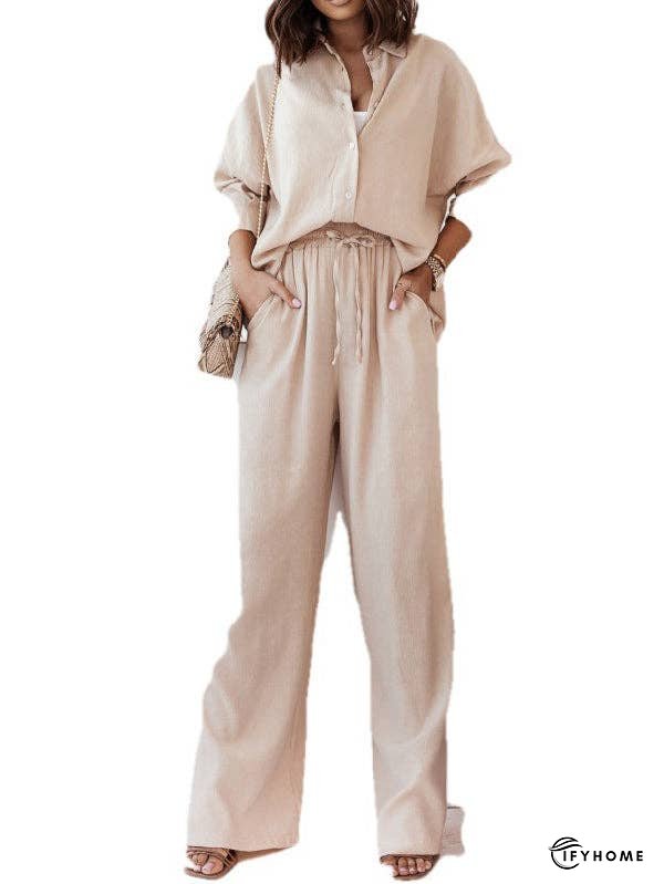 Solid Color Split-Joint High-Low Long Sleeves Buttoned Lapel Blouses Top + Drawstring Elasticity Pleated Pants Bottom Two Pieces Set | IFYHOME
