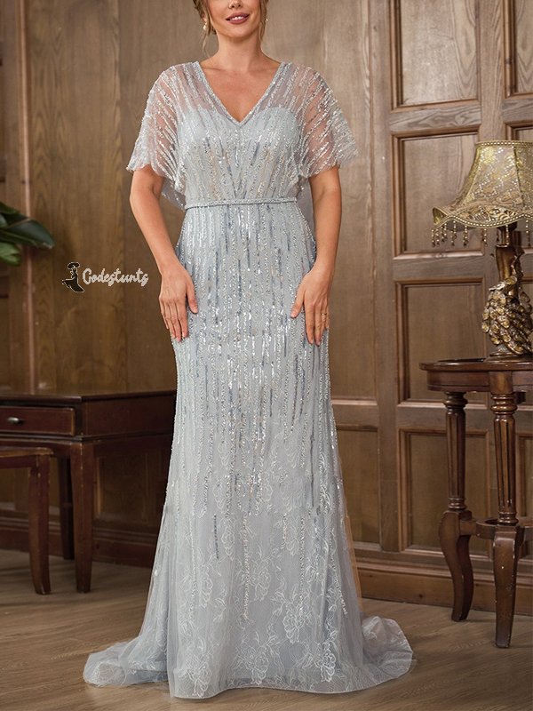 V-neck Lace Sequin Solid Color Maxi Dress