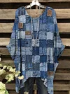 Women's Vintage Denim Color Patchwork Pattern Round Neck Top