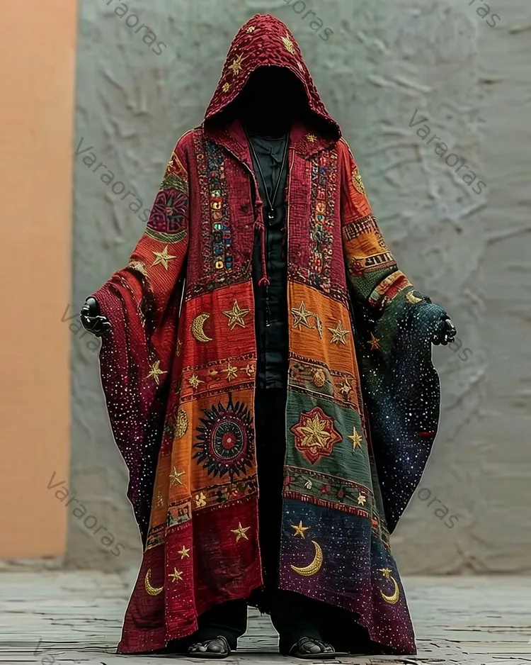 Men's Summer Fashion Star and Moon Print Linen Hooded Cape 4457