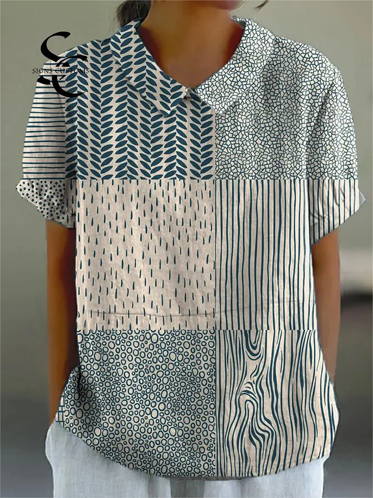 Women's Japanese Geometric Lines Print Casual Cotton And Linen Shirt