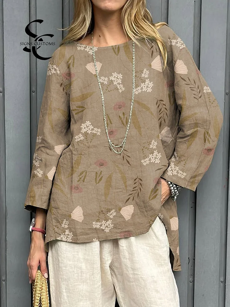Women's Vintage Floral Art Print Casual Linen Round-neck  Shirt