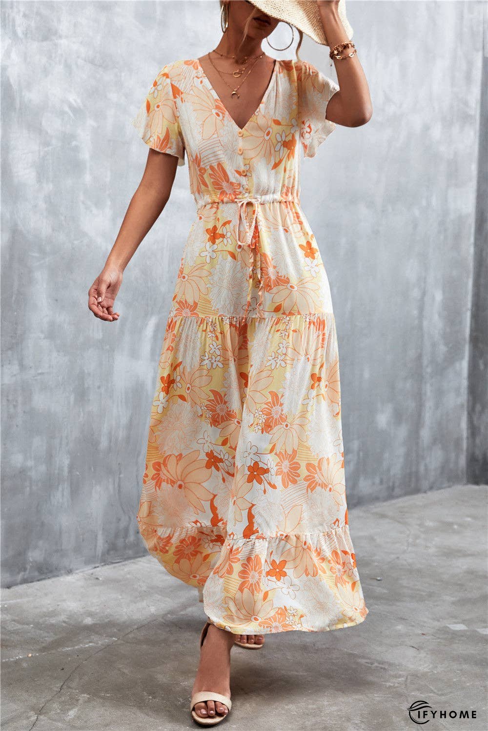 Floral Buttoned Drawstring Waist Tiered Dress | IFYHOME