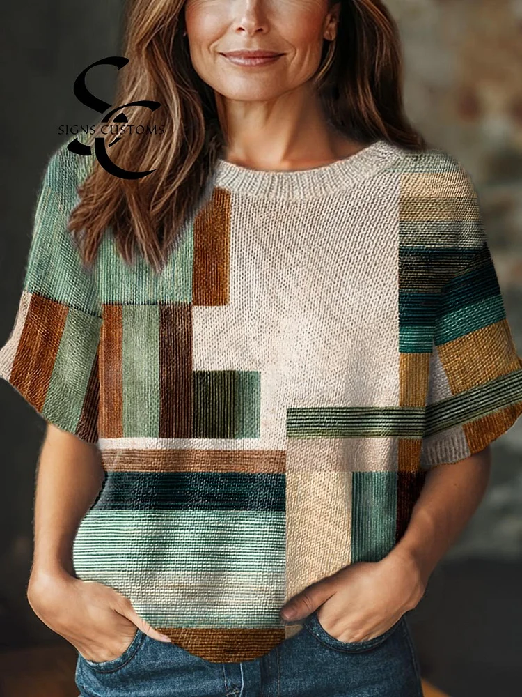 Women's Abstract Geometric Pattern Art Print Casual Crew Neck Short Sleeve Knitted Sweater